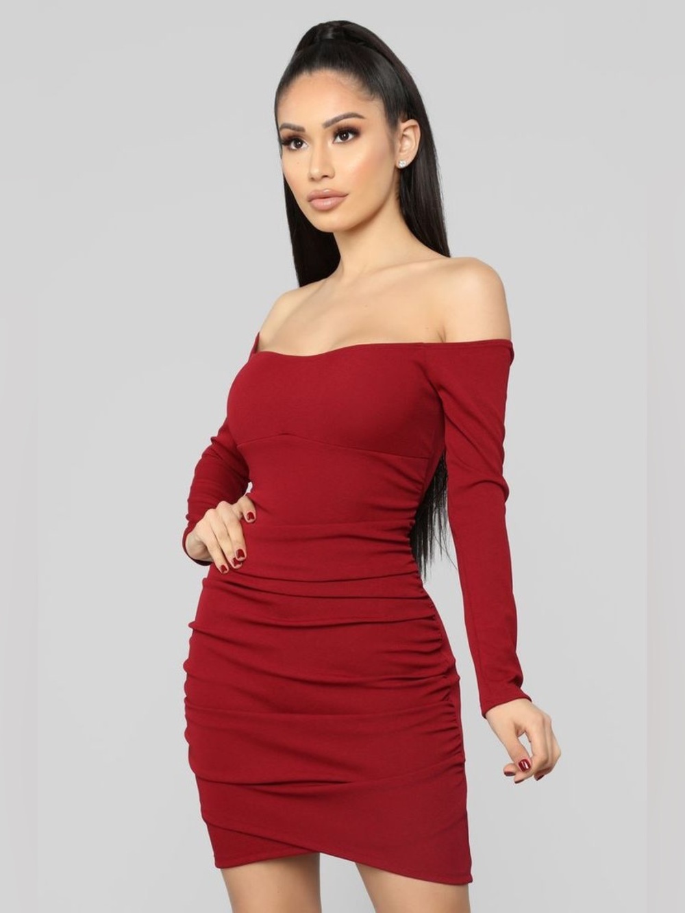 4/$25 NWT Fashion Nova Ruched and Ready to Rock Mini Dress in Burgundy Sz XS